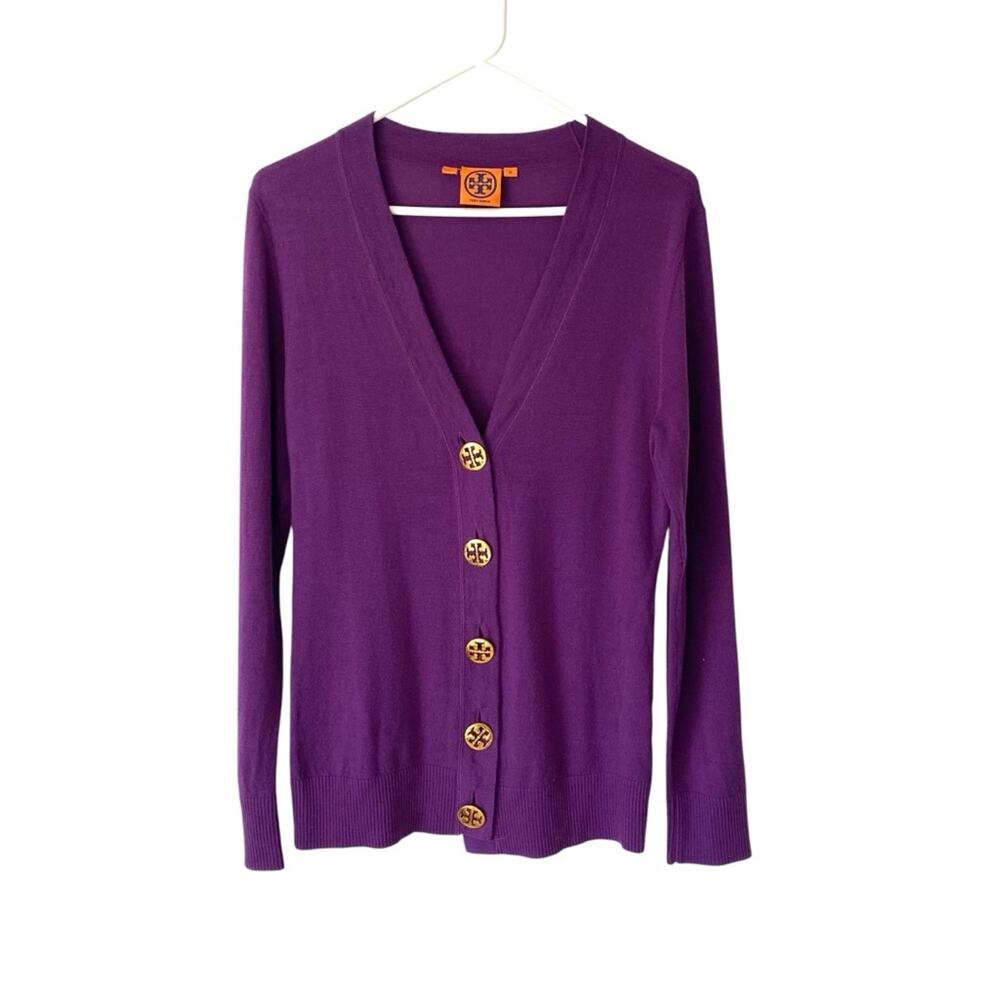 Tory Burch Simone Merino Wool Purple Cardigan Sweater Gold Buttons size medium